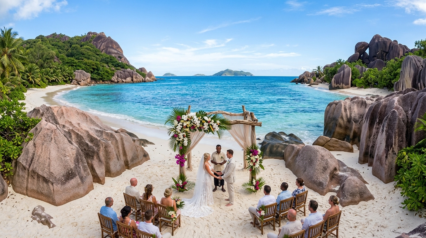 Wide angle outdoor wedding photography on Seychelles granite boulder beach at Anse Lazio Praslin showing ocean backdrop wedding shot location scouting value