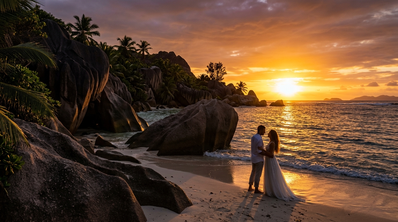 Beach wedding photography backlighting technique — couple silhouetted against Seychelles golden-hour sunset with granite boulders and ocean backdrop at Anse Source d'Argent La Digue