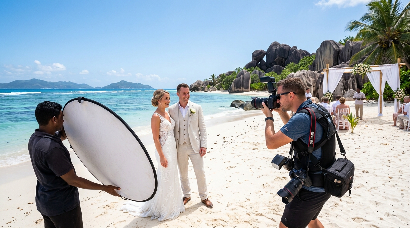 Beach wedding lighting tips — photographer using reflector for exposure compensation on couple during harsh midday sunlight on Seychelles beach outdoor wedding photography
