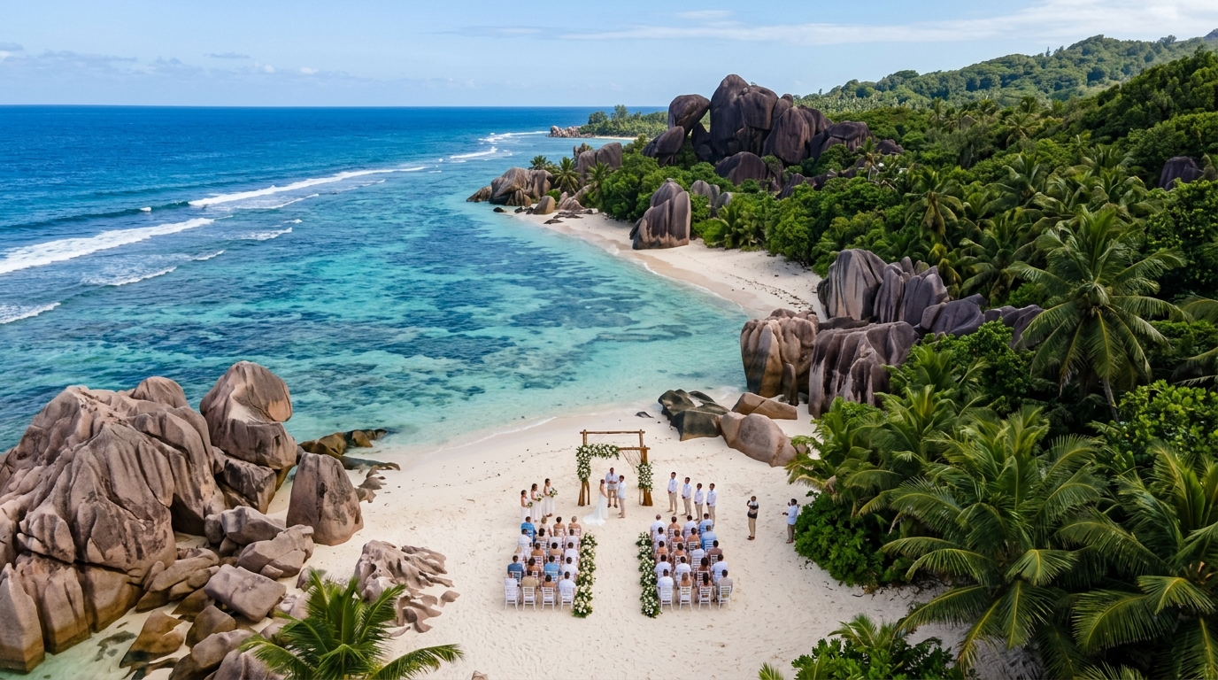 Drone overhead wedding photography at Seychelles Anse Source d'Argent La Digue showing granite boulders cobalt ocean backdrop and beach wedding ceremony setup from above