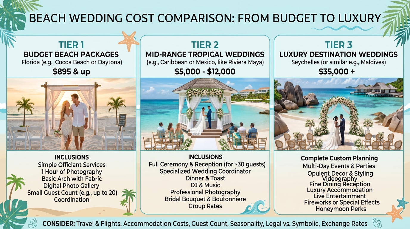 Beach wedding cost comparison infographic showing price tiers from $895 budget packages in Florida to $35,000 luxury Seychelles destination weddings