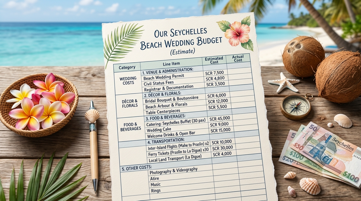 Flat-lay beach wedding budget worksheet with line items for permits, florals, catering, Civil Status fees, and inter-island transport costs in Seychelles