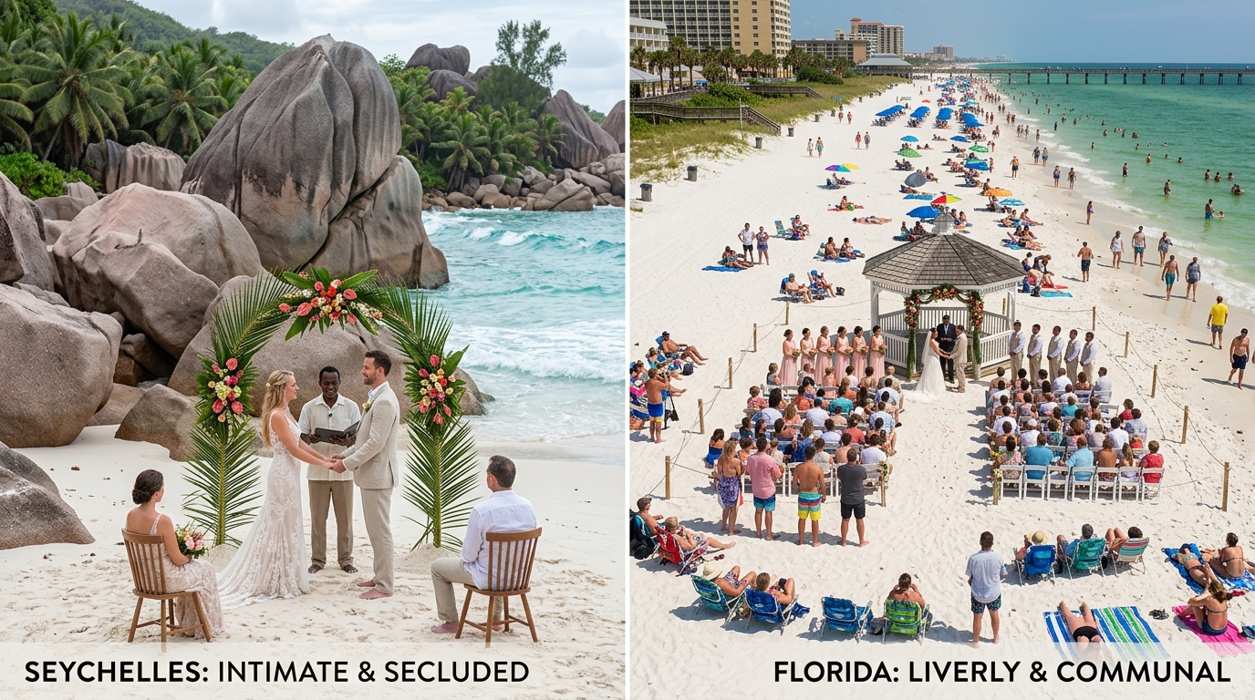 Couple at Seychelles granite boulder beach ceremony contrasted with crowded Florida public beach wedding showing value difference in intimacy and environment