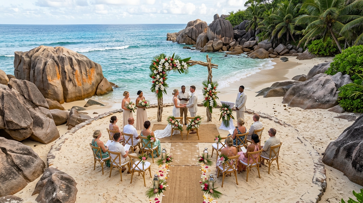 Overhead view of intimate Seychelles beach wedding ceremony setup on granite boulder beach showing all-inclusive package florals and seating for eight guests