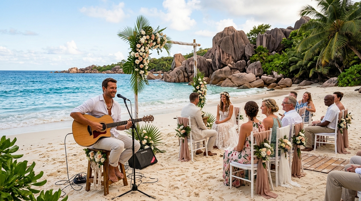 Live acoustic guitarist performing beach wedding music at a Seychelles ceremony on Anse Lazio beach with granite boulders and cobalt Indian Ocean in background