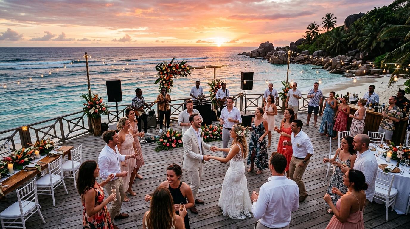 Beach wedding reception at sunset with guests dancing on wooden deck overlooking the Indian Ocean at a Seychelles destination wedding