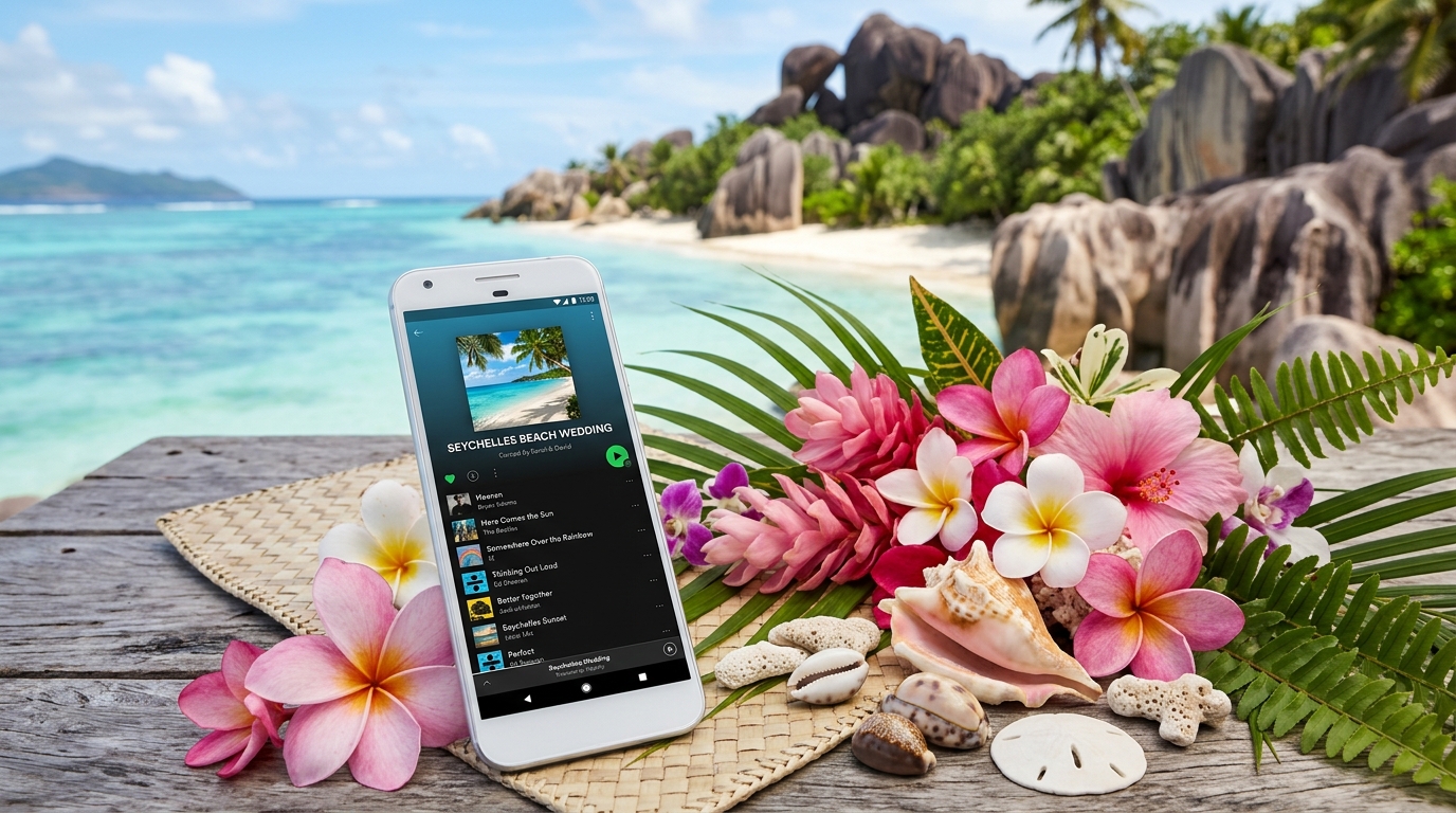 Smartphone screen showing curated beach wedding music playlist on Spotify beside tropical flowers and seashells for Seychelles destination wedding planning