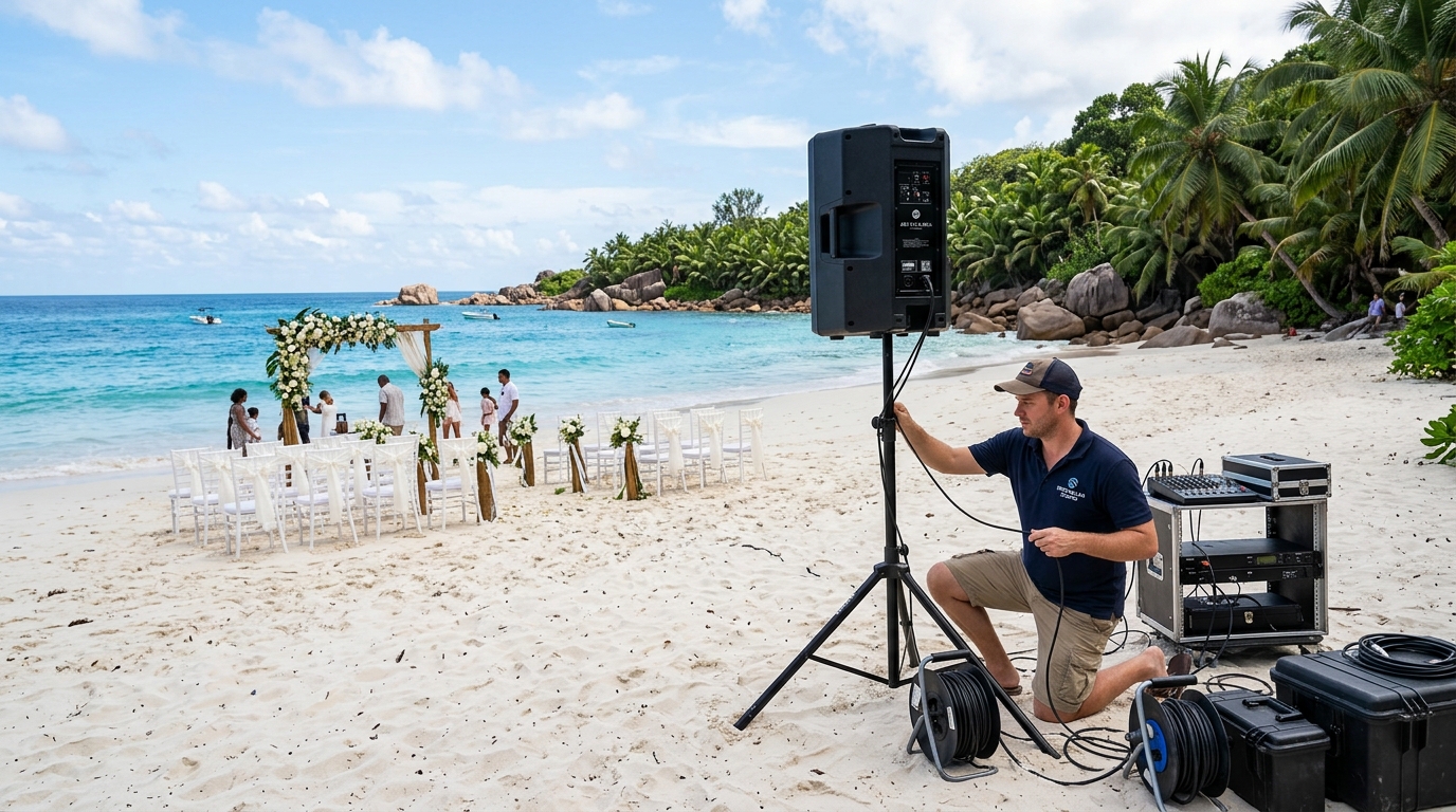 Sound technician setting up weatherproof outdoor speakers on a Seychelles beach before a wedding ceremony with palm trees and Indian Ocean in background
