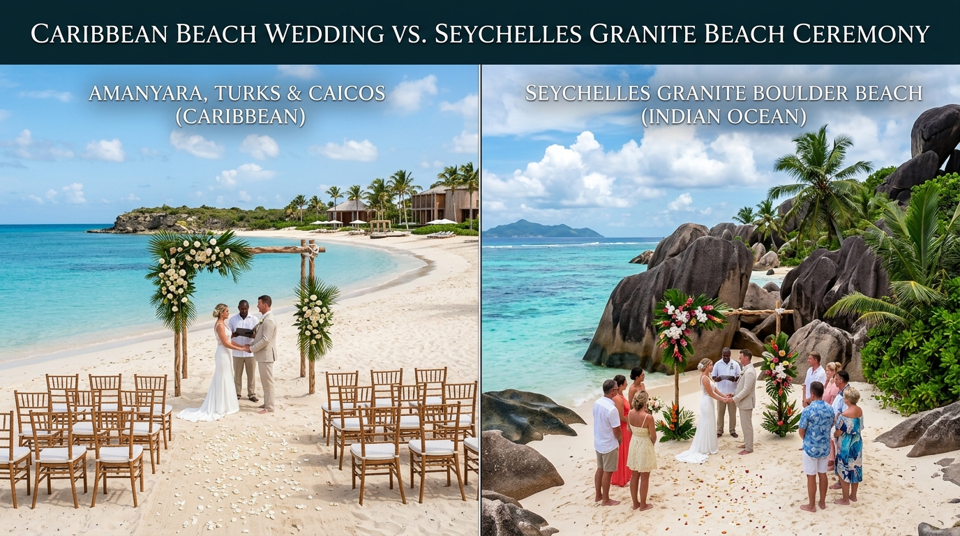 Side by side comparison of Caribbean beach wedding venue at Amanyara Turks and Caicos versus Seychelles granite boulder beach ceremony backdrop