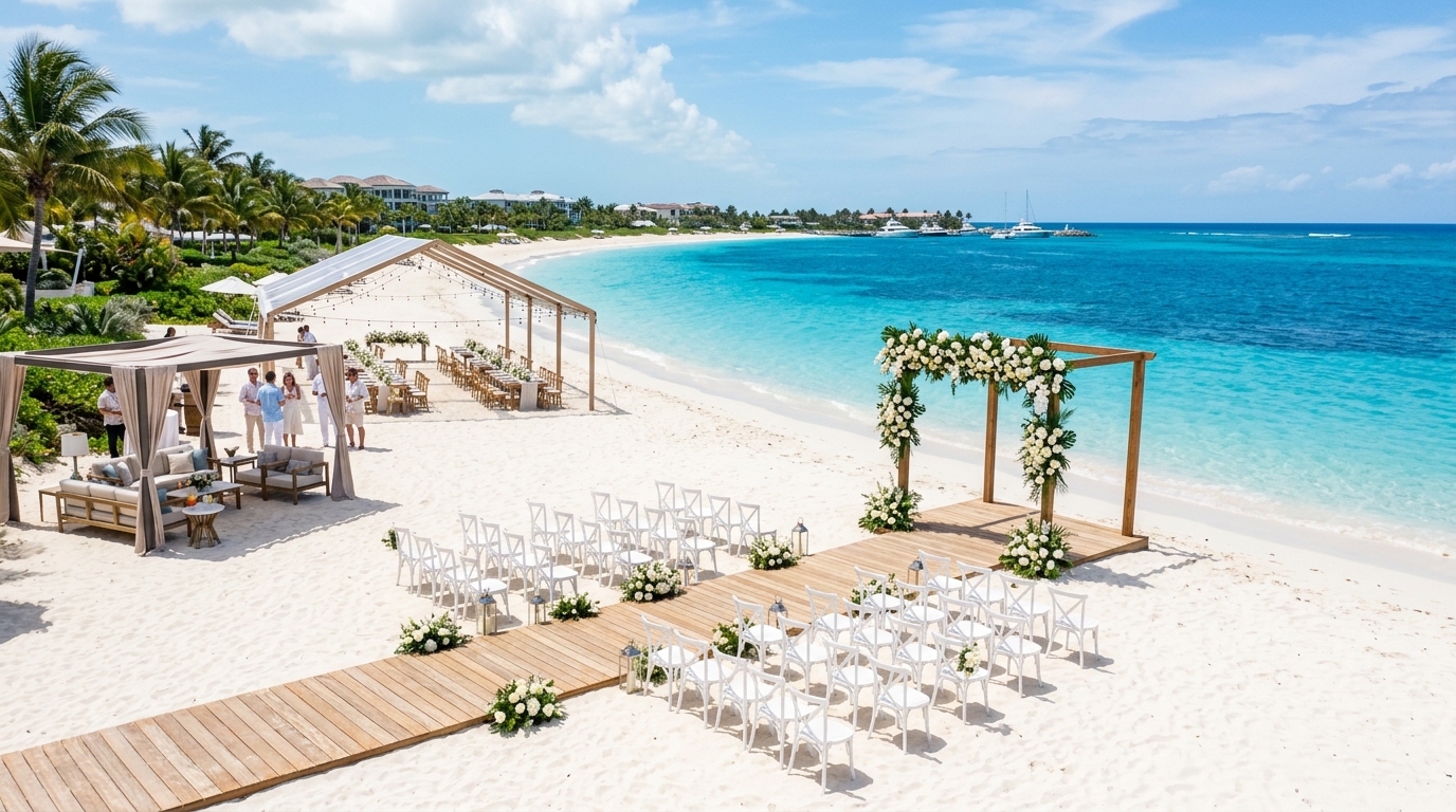 Luxury Caribbean beach wedding venue setup on Grace Bay Turks and Caicos with white sand and cobalt water
