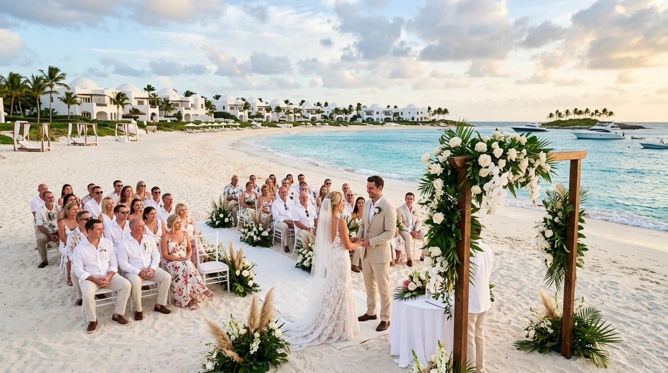 Couple at luxury Caribbean wedding venue Belmond Cap Juluca Anguilla beach ceremony with white domed architecture