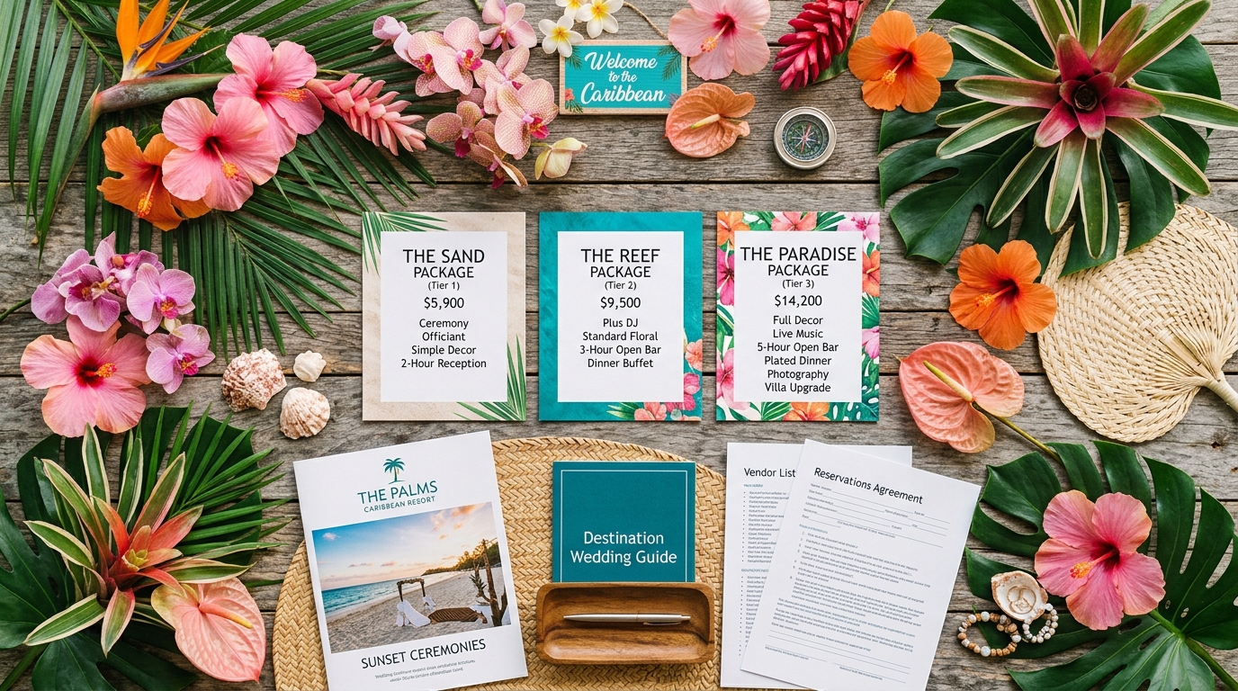 Caribbean destination wedding packages pricing tiers flat lay with tropical florals and resort documentation