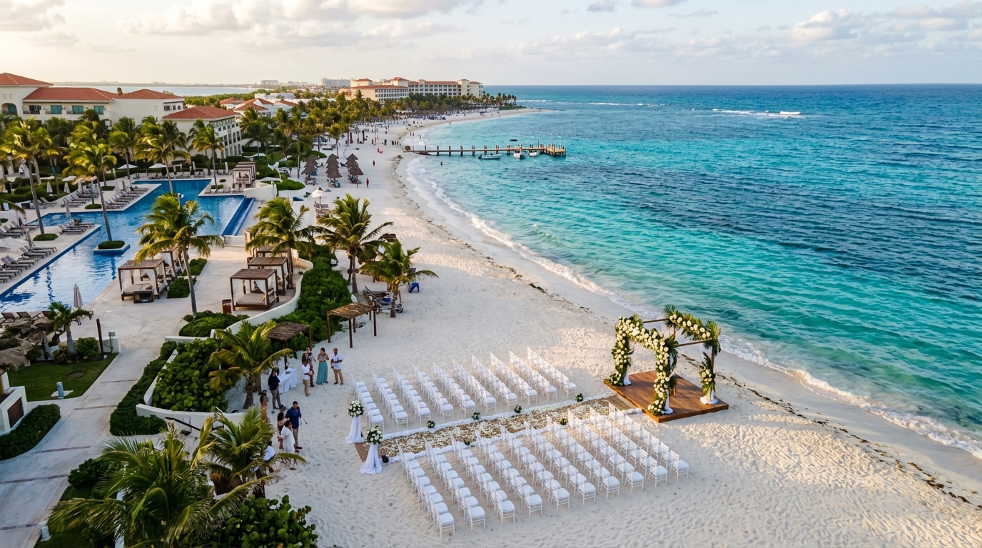 Aerial view of a beachfront wedding setup at a Cancún all-inclusive resort with Caribbean cobalt water in the background and white ceremony chairs arranged on the sand
