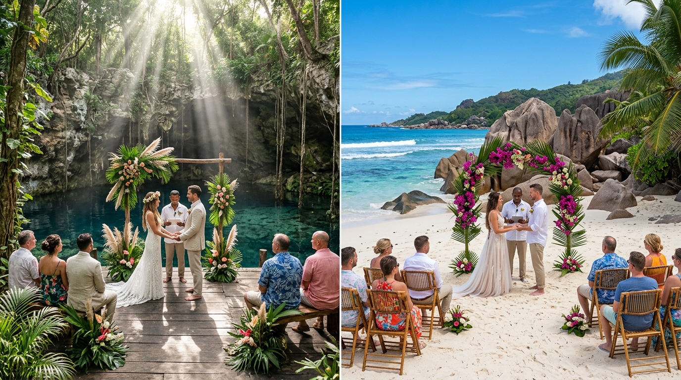 Side-by-side comparison of a Tulum jungle cenote wedding ceremony with natural light shafts versus a Seychelles granite-boulder beach ceremony on a white sand beach