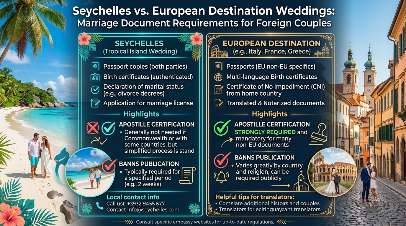 Checklist graphic comparing Seychelles marriage documents required for foreign couples versus European destination wedding requirements, highlighting apostille certification and banns publication differences.