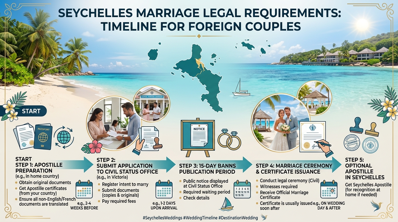 Infographic showing Seychelles marriage legal requirements timeline for foreign couples, including apostille preparation, Civil Status Office submission, 15-day banns publication period, and marriage certificate issuance.