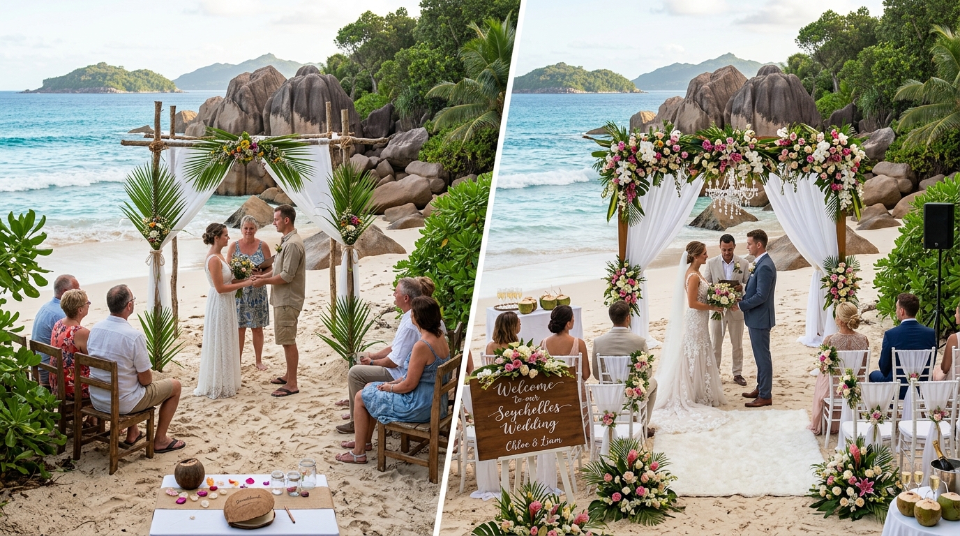 Split image comparing a DIY Seychelles beach wedding setup with a professionally planned ceremony styled by a Seychelles wedding planner on Mahé