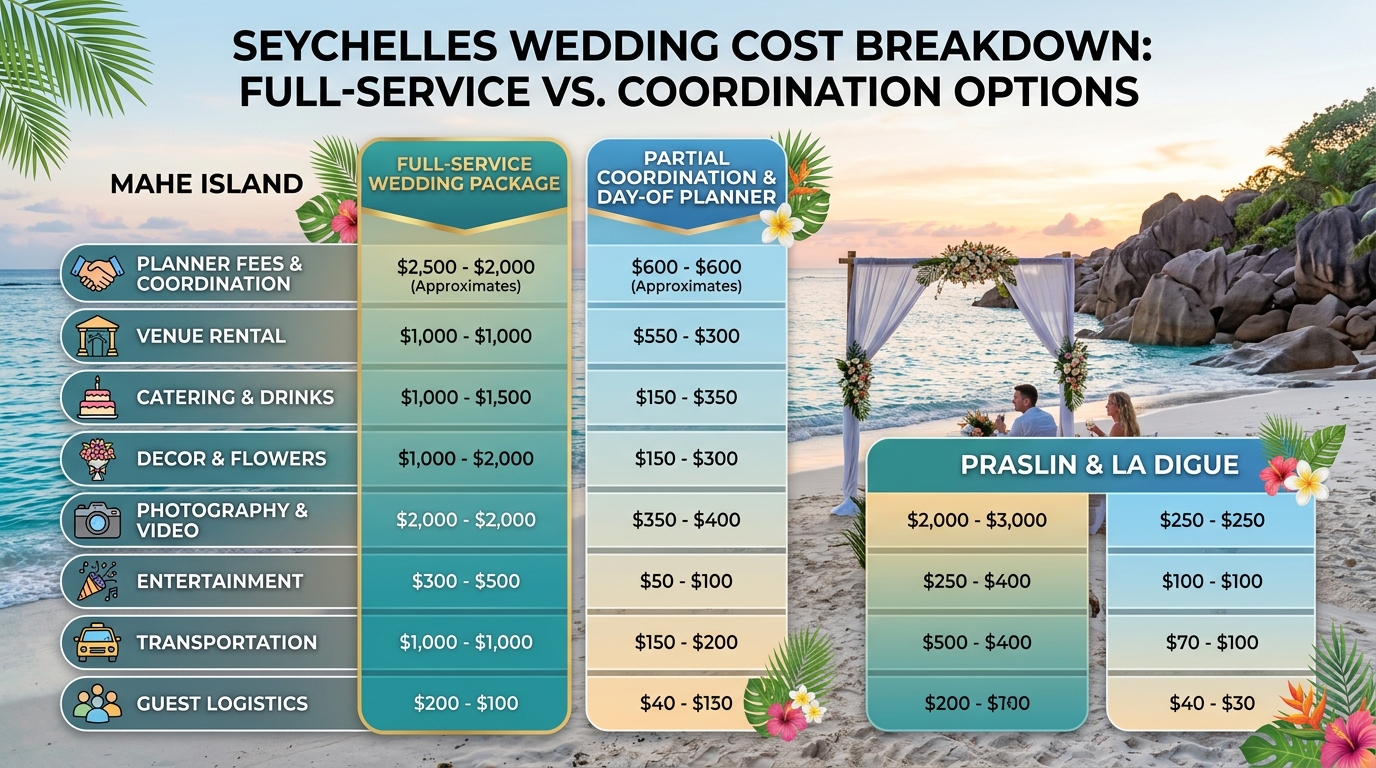 Cost breakdown chart comparing full-service Seychelles wedding packages versus partial coordination and day-of planner fees across different islands