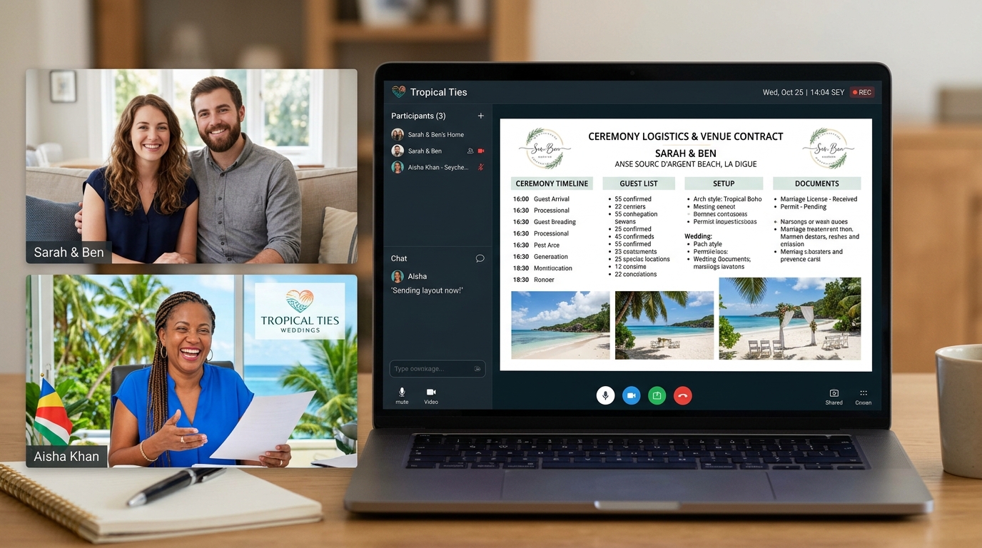 Screenshot mockup of a virtual consultation call between a couple and a Seychelles destination wedding planner reviewing ceremony logistics and documents