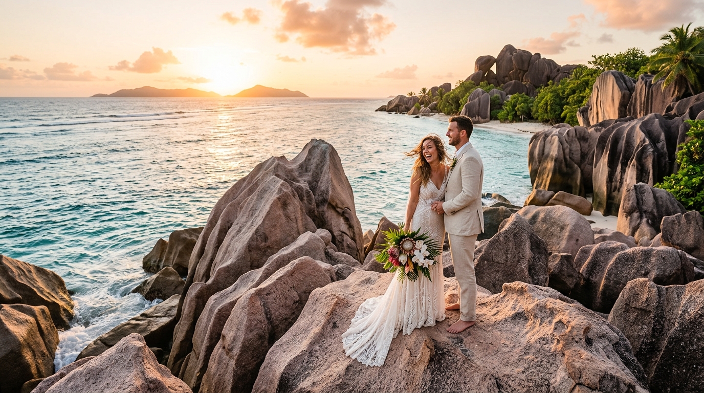 Adventure elopement photos on La Digue Seychelles granite boulders at golden hour, illustrating destination elopement photography package locations