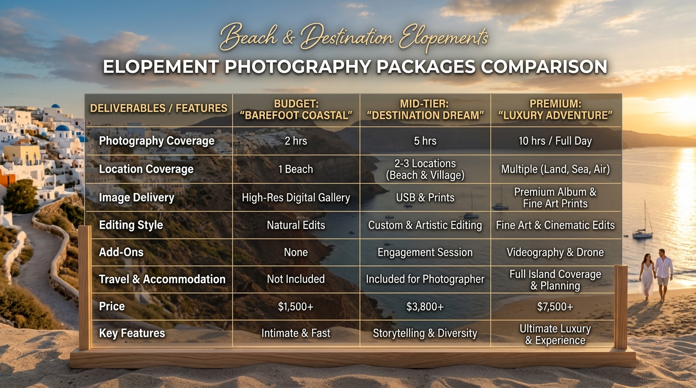 Elopement photography packages comparison table showing budget mid-tier and premium tiers with deliverables for beach and destination elopements