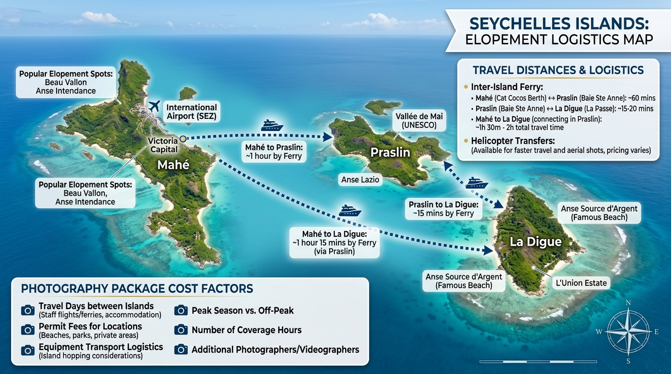 Seychelles island map showing Mahé Praslin and La Digue travel distances relevant to destination elopement photography logistics and package cost