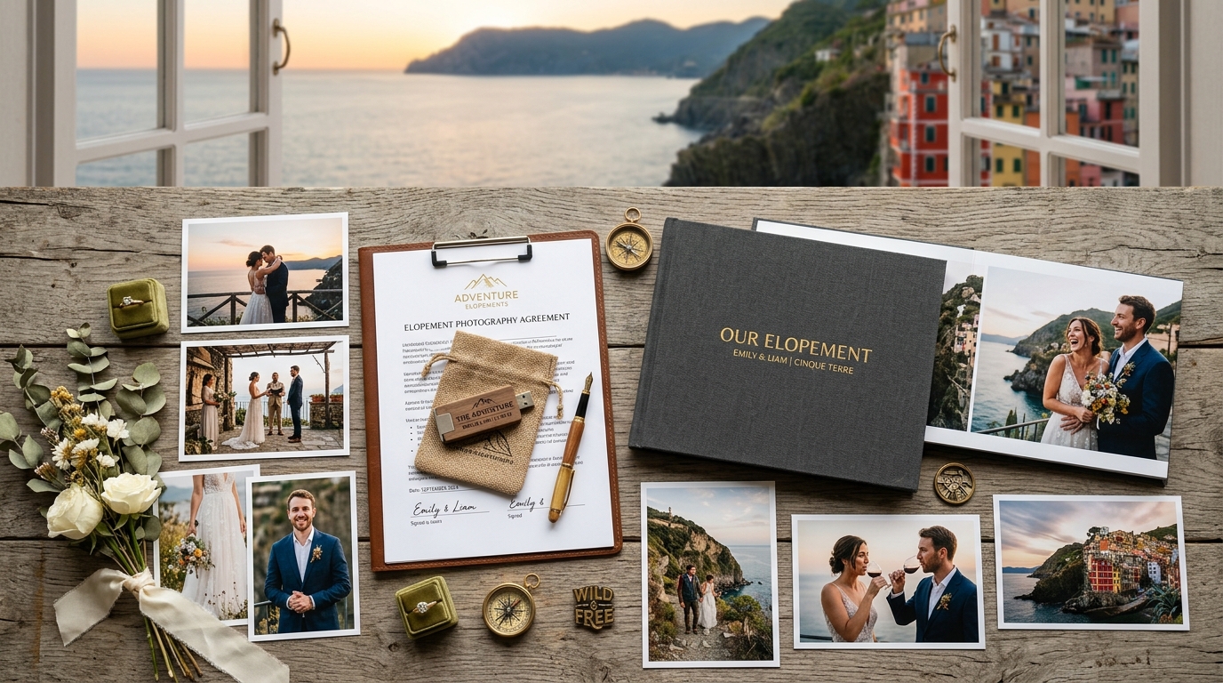 Elopement photography inclusions flat lay showing contract USB drive and printed gallery representing all-inclusive elopement package deliverables