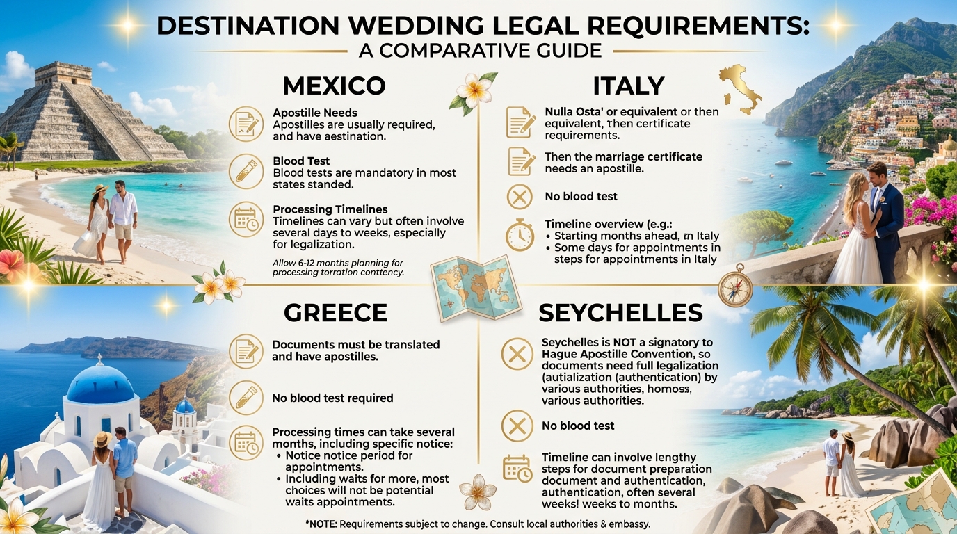 Infographic comparing destination wedding legal requirements in Mexico, Italy, Greece, and Seychelles, showing apostille needs, blood test requirements, and processing timelines for marriage license abroad