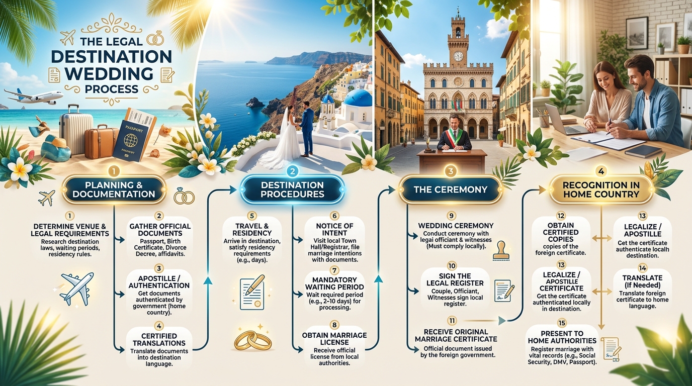 Flowchart illustrating the legal destination wedding process from document preparation and marriage license abroad to foreign marriage recognition in home country