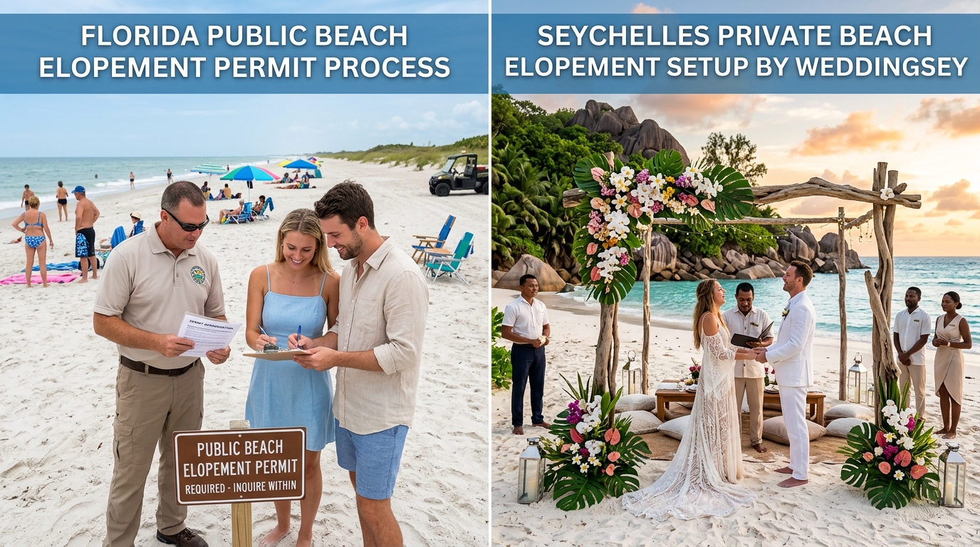 Comparison of Florida public beach elopement permit process versus private Seychelles beach elopement setup by Weddingsey