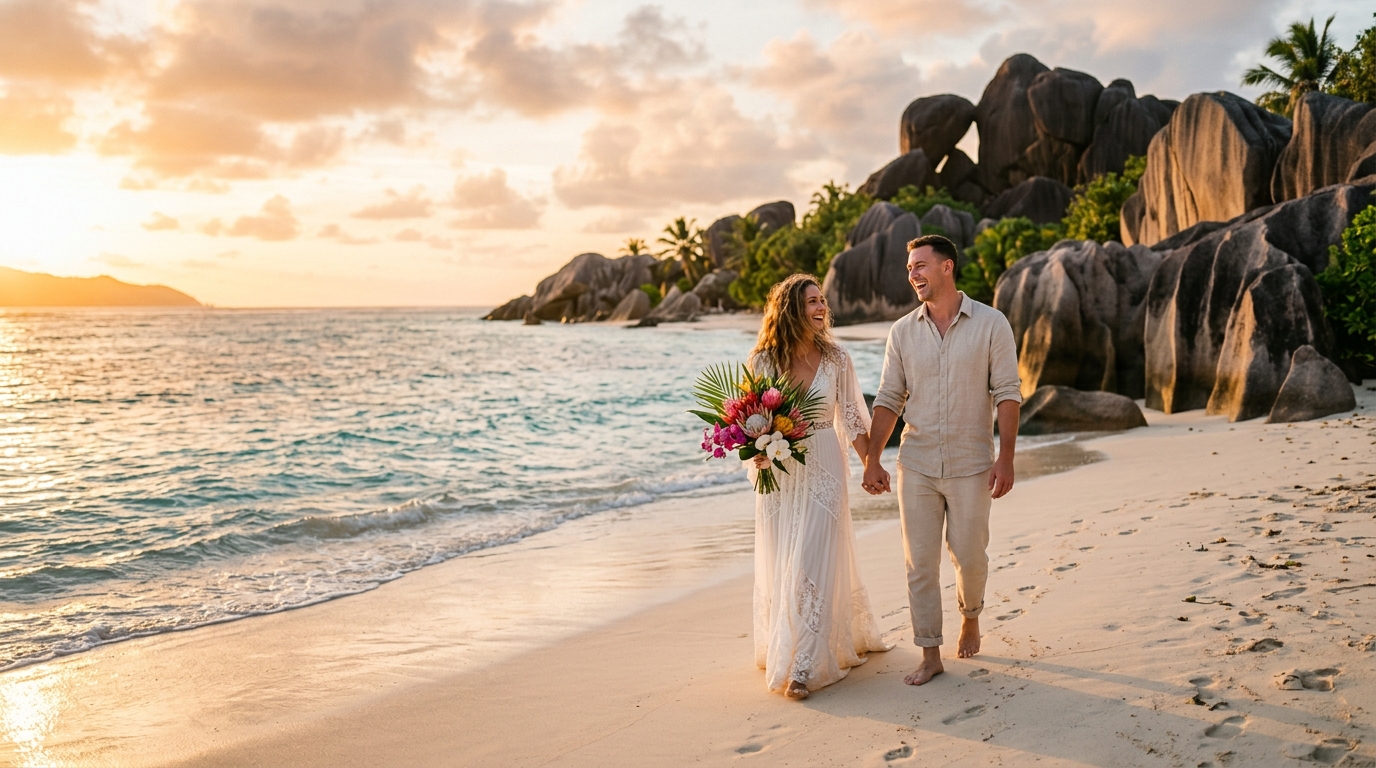 Couple in beach elopement attire walking along Seychelles shoreline at golden hour for destination beach elopement photography