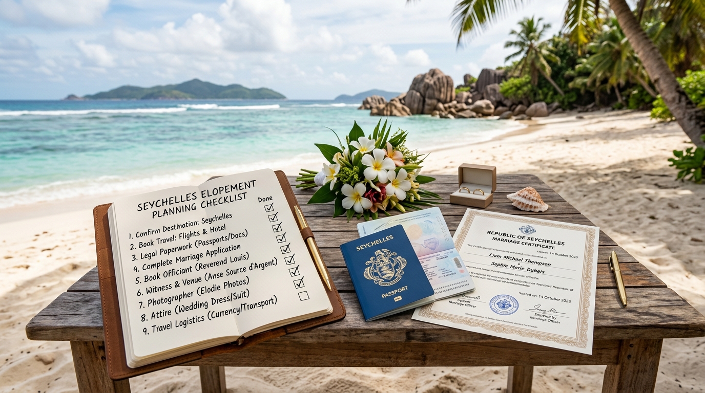 Beach elopement planning checklist with passport and Seychelles marriage certificate showing destination elopement logistics documentation