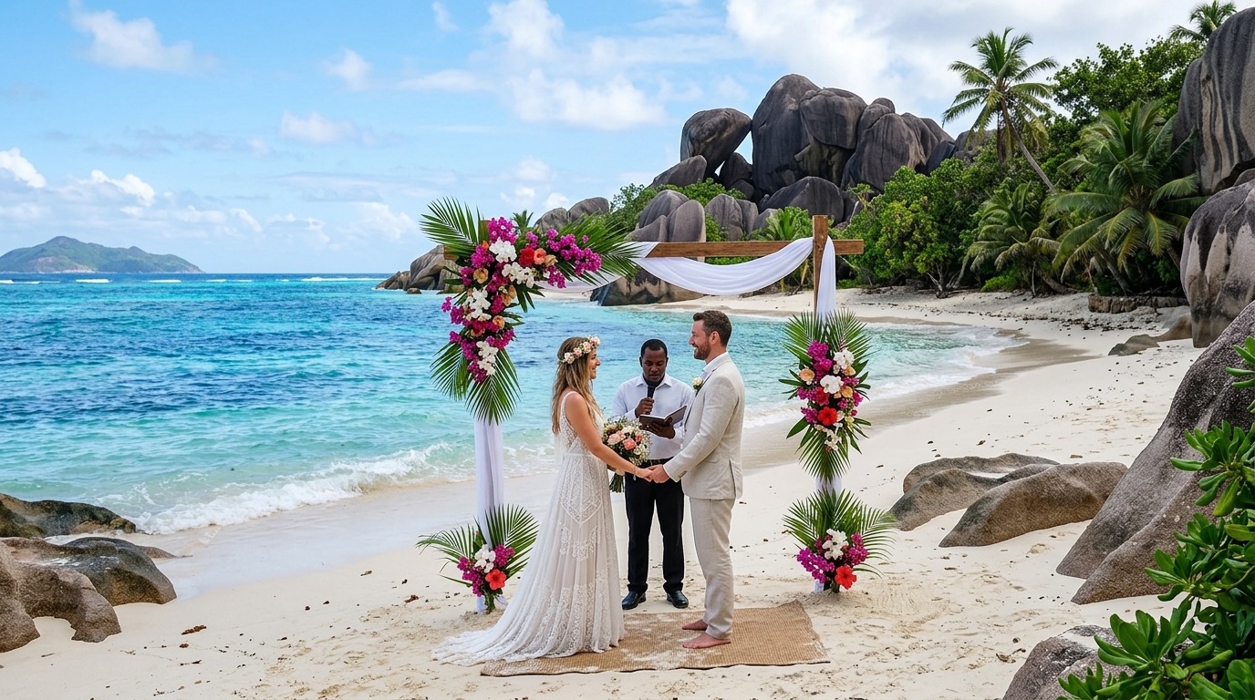Beach elopement ceremony at Anse Source d'Argent La Digue Seychelles with granite boulders and cobalt Indian Ocean water in background